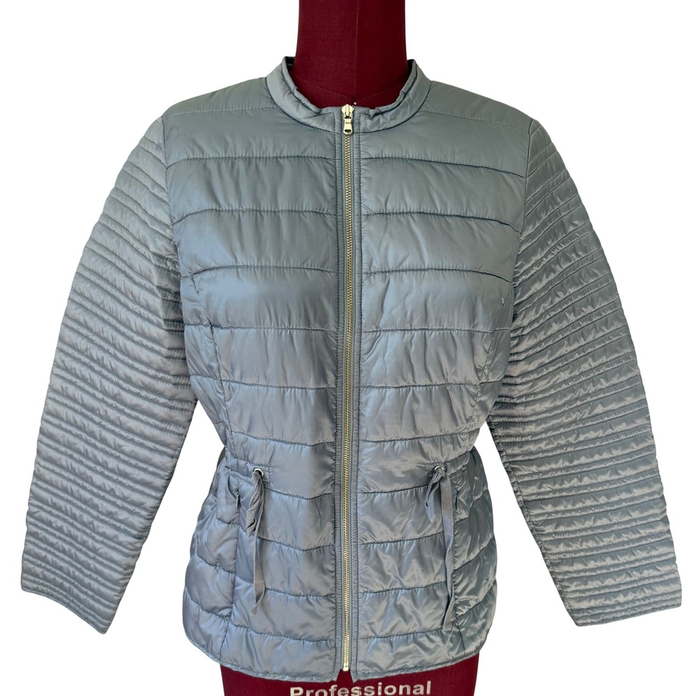 Chico's Puffer Jacket Lightweight Quilted Cinched Waist Blue Size 0 Small